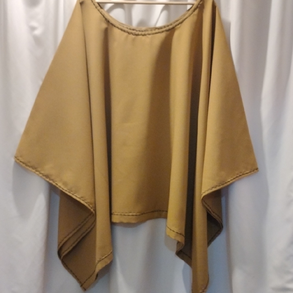 Chic Camel Tan Poncho Style Dormer Sleeves Top with Black Stitch Accents